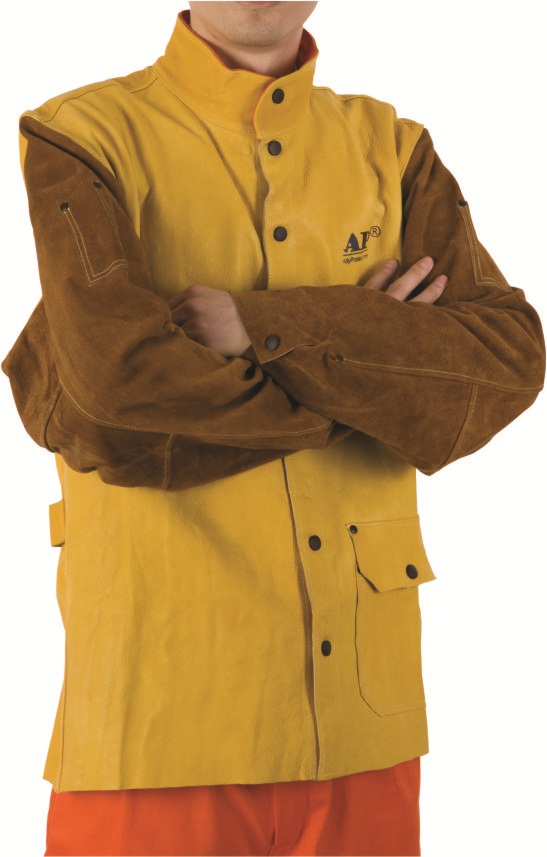 AP-2830友盟高档金黄色牛青皮配金棕色袖焊服