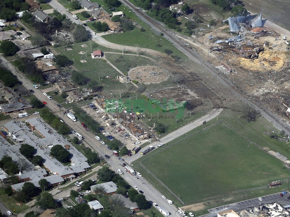 PHOTO: An April 18, 2013 aerial photo shows the remains of a nursing home, left, apartment complex, center, and fertilizer plant, right, destroyed by an explosion at a fertilizer plant in West, Texas.