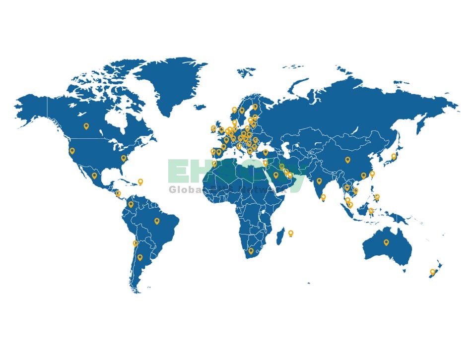 Graphic of world map. Orange pins showing location of all countries EDP have worked in.